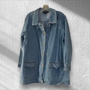 Denim & Co Denim Jean Jacket 1X Longline Vintage Large Pockets 100% Cotton Boho